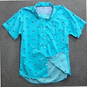 IZOD Mens XL Turquoise Blue Dog Print Short Sleeve Button Down Shirt